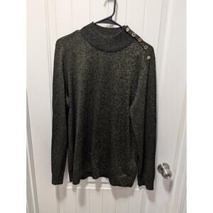 Calvin Klein Long Sleeve Mock Neck Black Metallic Gold Buttons Sweater Women's L
